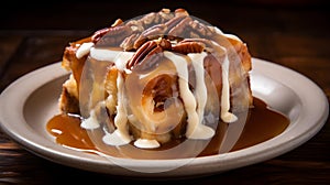 Close up of Bread Pudding with Raisins and Pecans on a Plate. Commercial Kitchen Backdrop