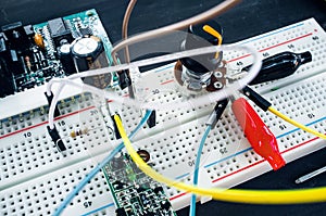 Close-up of breadboard with electronic components