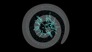 Close up of breathtaking movement of electrical discharges inside the spherical body. Animation. Beautiful cloud of dots