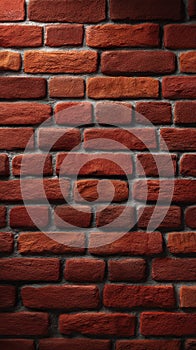 Close-up brick wall with dark red and orange bricks and grey mortar background texture