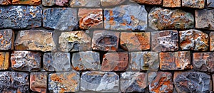 a close up of a brick wall made of different colored bricks