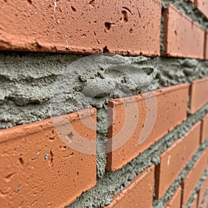 Close-up of a brick wall showing a horizontal pattern of reddish-orange bricks with a