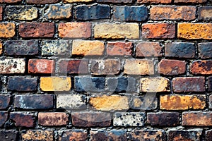 A brick wall with many different colored bricks on it