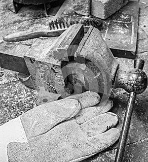 Close up of brick workbench with tools