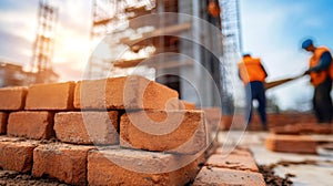 Close-up of Bricks in Front of Construction Workers Building a Structure