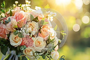 A close-up of a bridal bouquet featuring pastel color flowers and green filler foliage