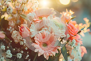 A close-up of a bridal bouquet with pastel color flowers and green filler foliage