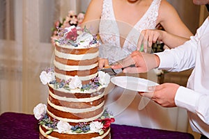 Close-up bride and groom hands cut multilevel white wedding cake decorated with flowers stands on a table. Concept of