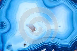 Close up of bright blue agate texture. Natural mineral background