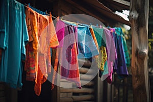 close-up of bright and colorful garments hanging on a clothesline