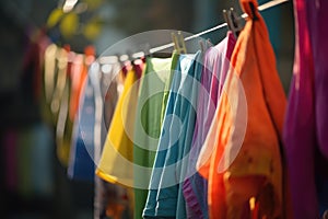 close-up of bright and colorful garments hanging on a clothesline