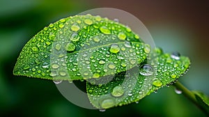 Close-up of bright green leaf with dew drops, spring beauty of nature. Natural ingredients for cosmetics.