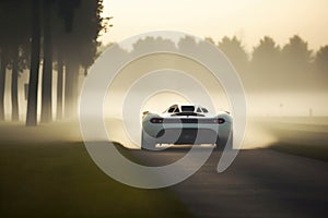 A close up of a bright orange sports car rounding a long bend on a paved track. Speed drive concept. AI generation