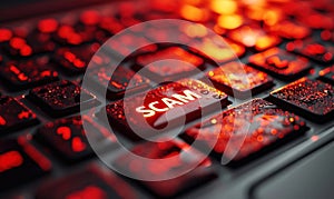 Close-up of a bright red \'SCAM\' alert button on a computer keyboard, importance of cybersecurity and fraud