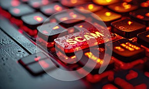 Close-up of a bright red \'SCAM\' alert button on a computer keyboard, symbolizing the importance of cybersecurity