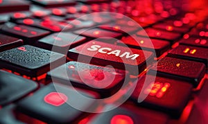 Close-up of a bright red \'SCAM\' alert button on a computer keyboard, symbolizing the importance of cybersecurity