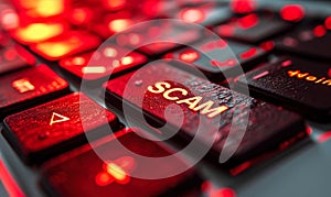Close-up of a bright red \'SCAM\' alert button on a computer keyboard, symbolizing the importance of cybersecurity and