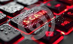 Close-up of a bright red \'SCAM\' alert button on a computer keyboard, symbolizing the importance of cybersecurity