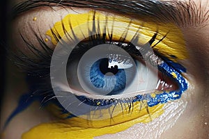 A close-up of the bright yellow and blue paint on the woman\'s eye, symbolising the hardships the Ukrainians have endured. A