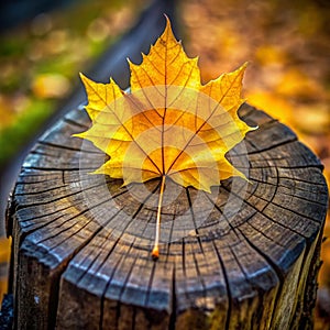 Beautiful yellow leaf on the stump. Macro photo photo