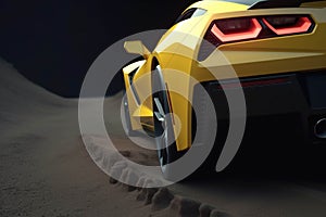 A close up of a bright yellow sports car accelerating around a tight bend on a rough dirt track. Speed drive concept. AI