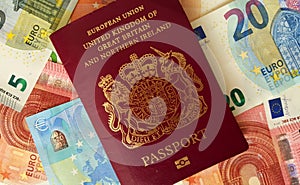 British Passport and Euro Banknotes