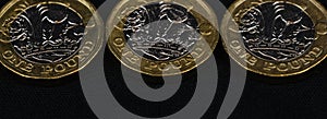 Close up of British pound coins in a row on black background, web banner