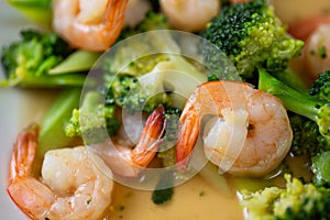 Close Up of Broccoli Fried With Shrimps or Prawns is Thai Traditional food of Thailand