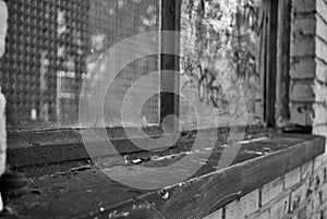 Close up of a broken boarded up window and sill with peeling paint and graffiti