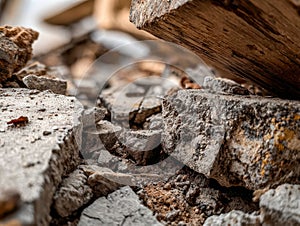 Close-up of broken bricks and debris from construction materials on the ground