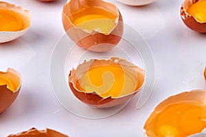 Close-up broken chicken eggs with yolk.