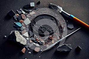 close-up of broken and cracked asphalt, with tools and materials nearby