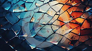 A close up of a broken glass window with orange and blue colors, AI