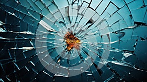 A close up of a broken glass window with an orange flower, AI