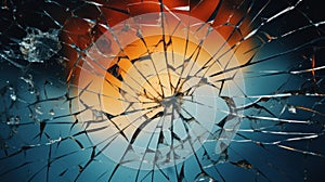 A close up of a broken glass window with an orange and yellow flame, AI