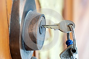 Close-up broken key in the lock Security concept, theft