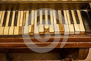 Close Up on Broken Old Piano Keys on Blurred Background