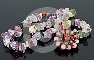 Close-up of the brooch and beads from natural crystals