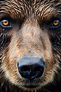 A close up of a brown bear's face, AI