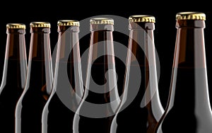 Close up brown beer bottles. Studio 3D render, on black background.