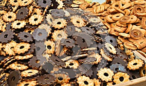 Close up of brown cakes coated with chocolate