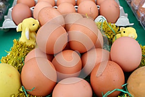 Close up of brown chiken eggs in carton box. Raw fresh chicken eggs background. Egg pattern wallpaper. Cardboard tray with bird eg