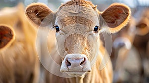 A close up of a brown cow with big eyes and ears, AI