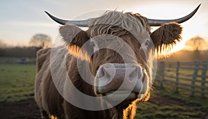 a close up of a brown cow with horns in a field