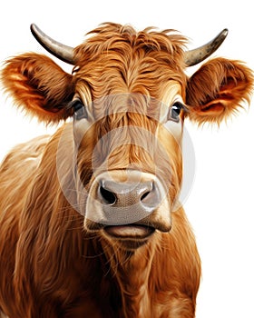 a close up of a brown cow with horns on it's head. generative ai