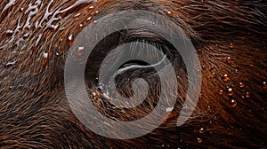 A close up of a brown cow's eye with water droplets on it, AI