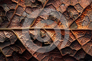 Close up of brown dry autumn leaf texture.