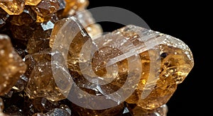 Close-up of brown gem-like crystals, likely garnet, displaying a hexagonal photo
