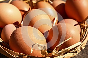Close up of brown hens eggs in a basket