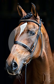 Close Up of Brown Horse Against Black Background